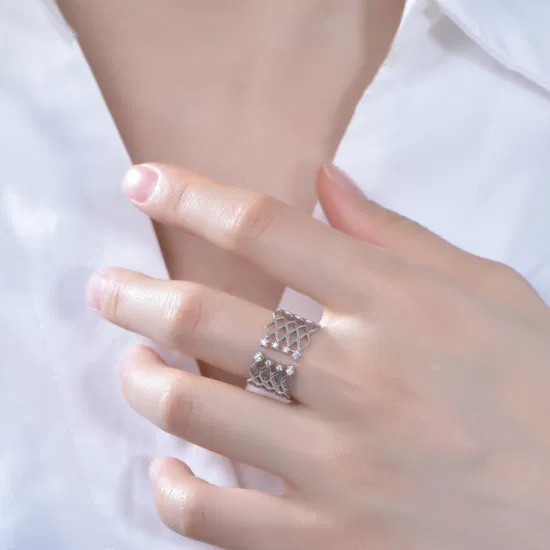 Joyería de moda para mujeres Damas Rejilla hueca Plata de ley 925 Anillos de piedras preciosas abiertas Apertura de clip de diamante Anillo inicial abierto de plata Anillo abierto